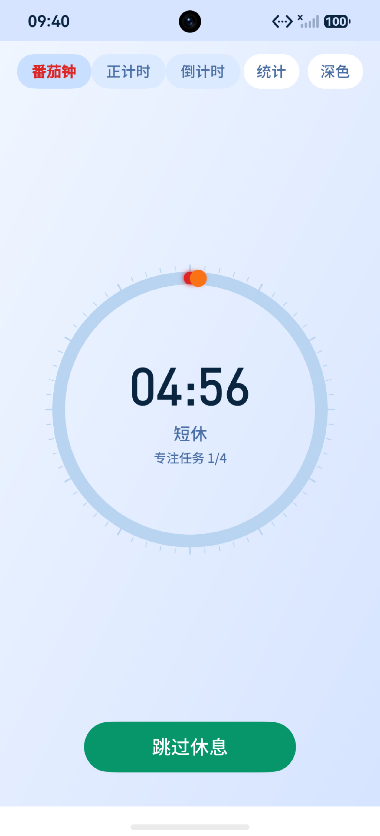 短休阶段：番茄钟短休倒计时（04:56 短休，专注任务 1/4，跳过休息按钮），深色模式