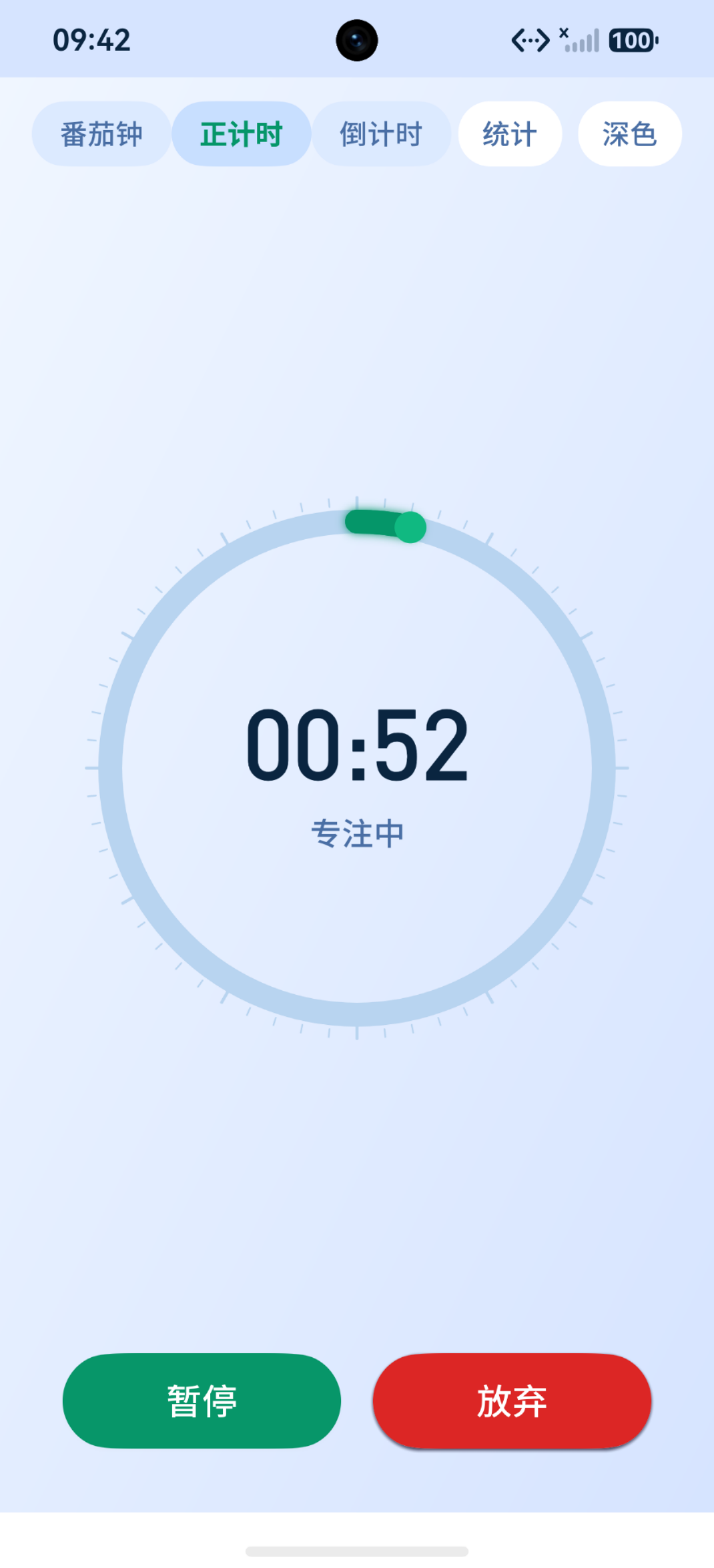 专注中阶段：番茄钟专注倒计时（00:52，专注任务 0/1，暂停/放弃按钮），深色模式