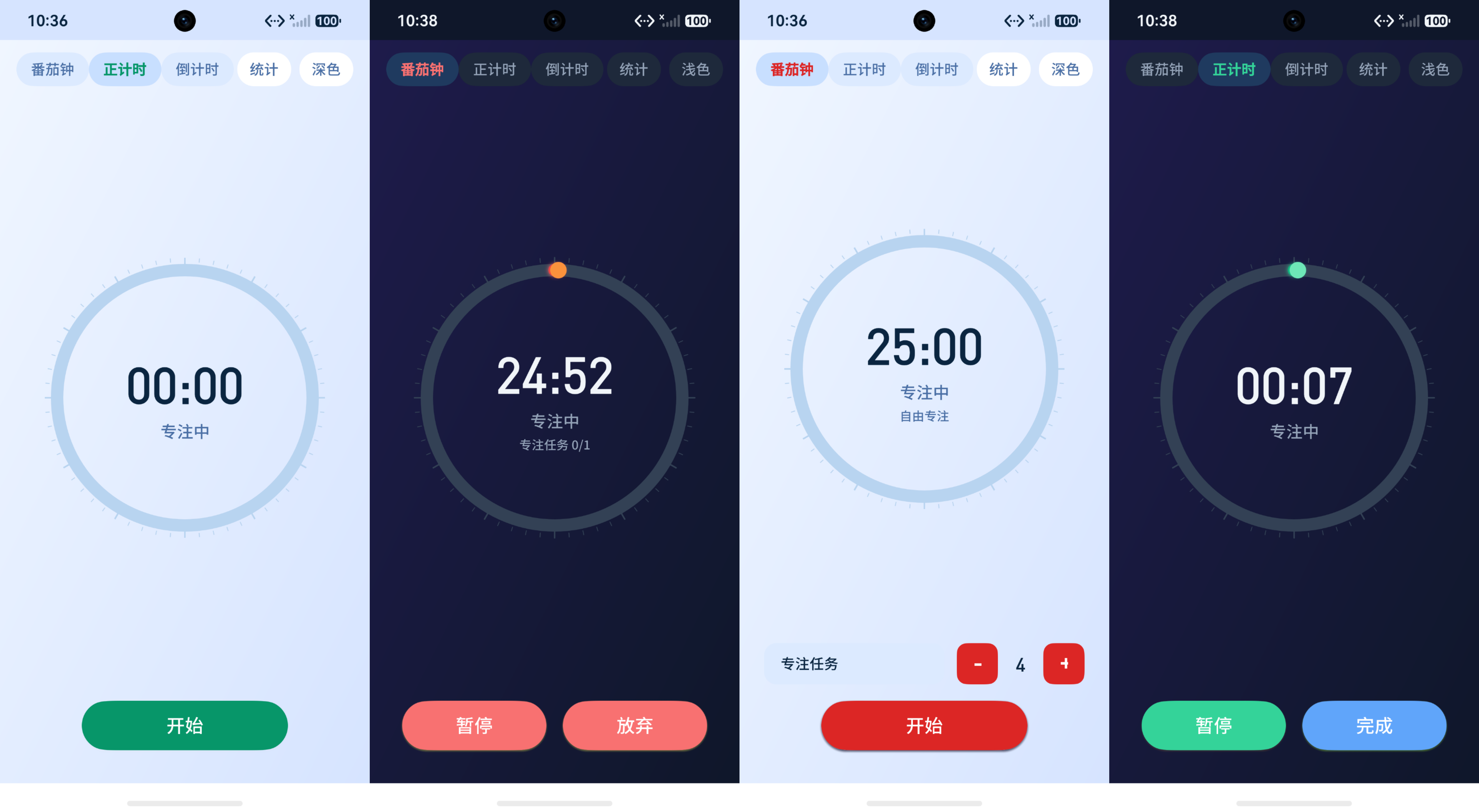 批次推进四连拍：00:00 开始（浅色）→ 24:52 专注中·专注任务 0/1（深色）→ 25:00 自由专注·专注任务 4（浅色）→ 00:07 专注中·暂停/完成（深色），深浅色模式交替