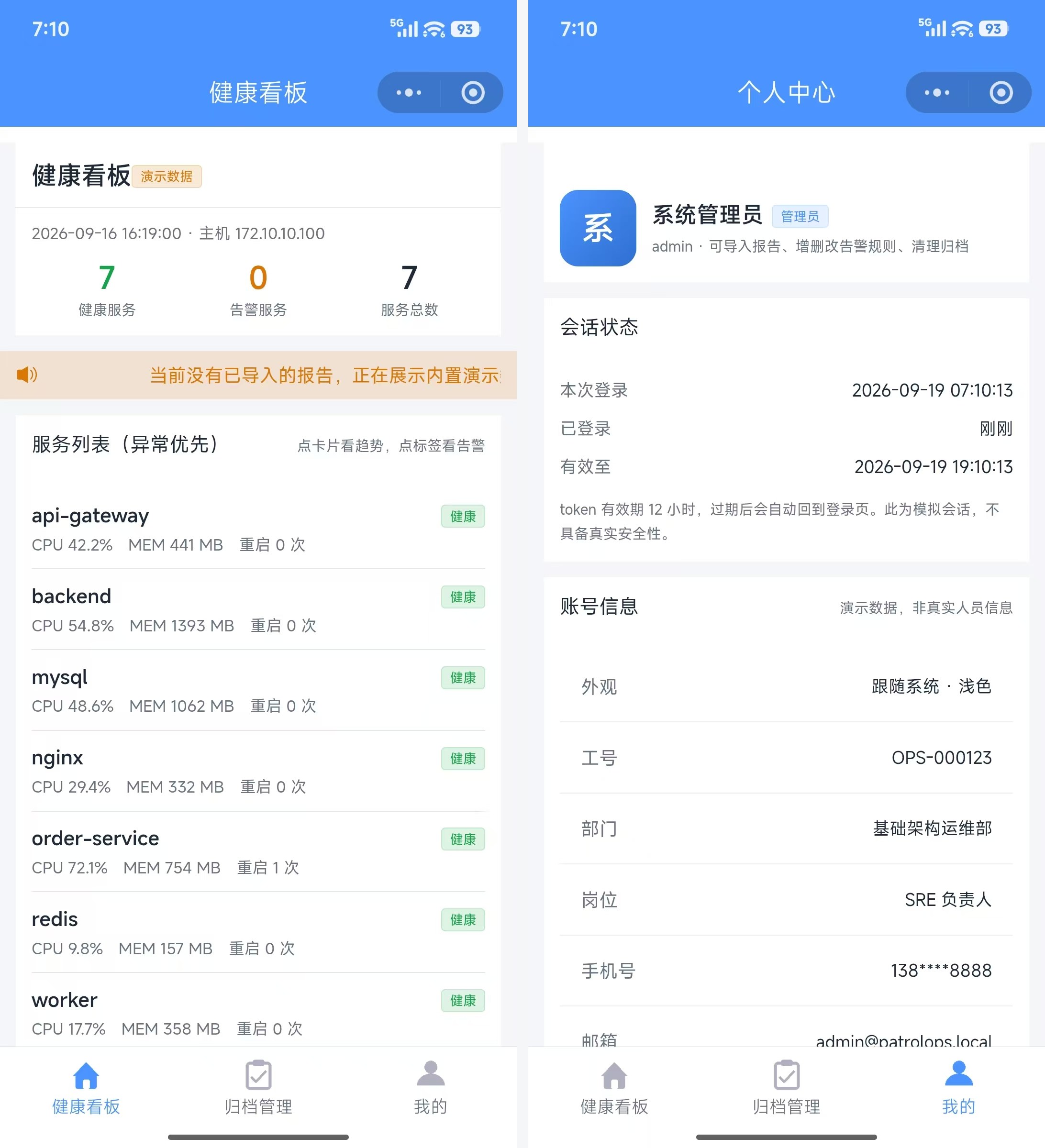 健康看板与个人中心：未导入报告时看板展示内置演示数据（7 服务全部健康）；「我的」页含会话状态与演示账号信息