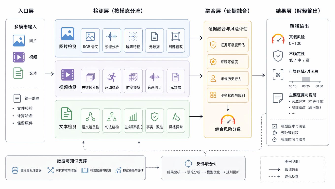 跨模态鉴伪系统架构：专用检测、证据融合与解释输出