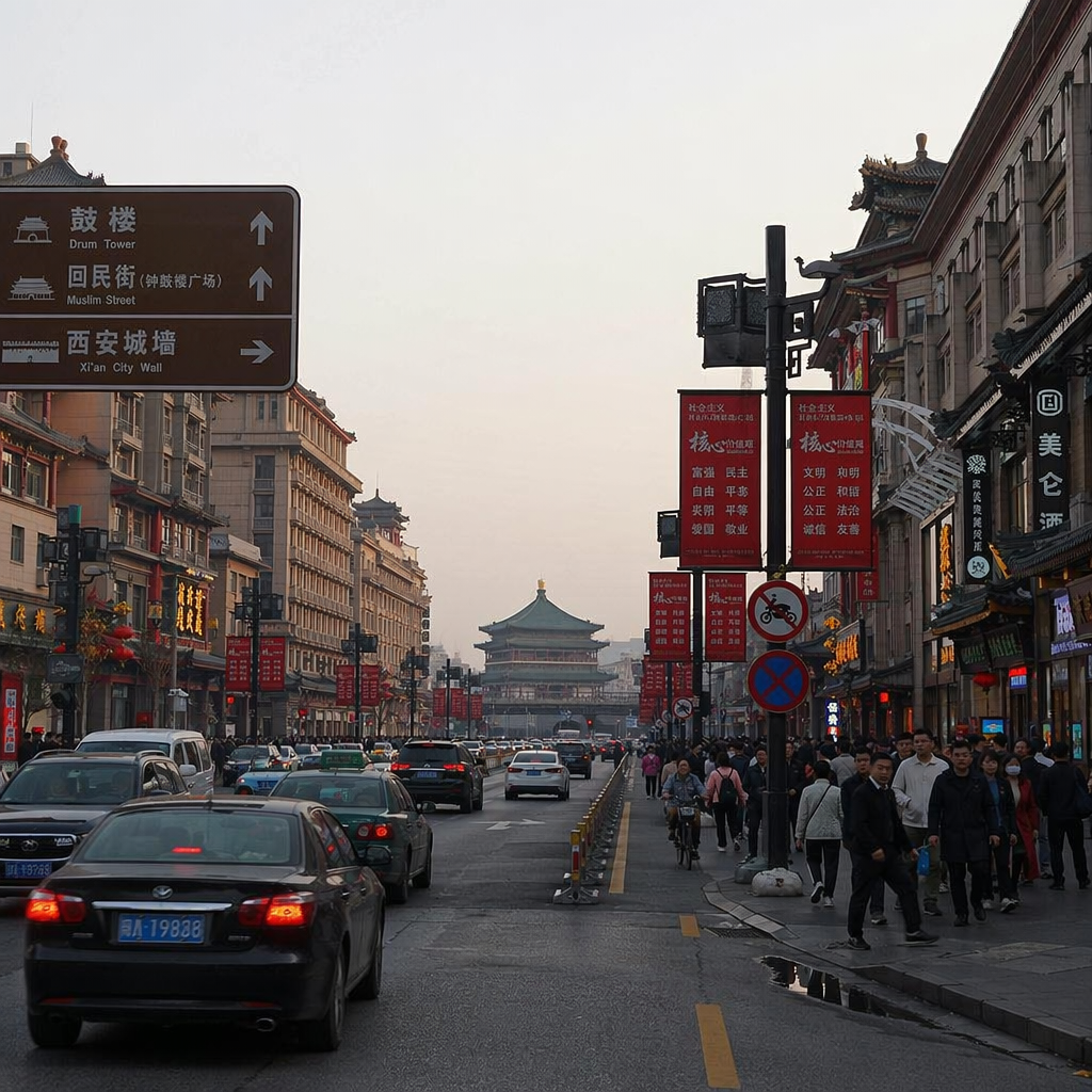图 8：送检的 AI 西安街景。画面整体具备旅行摄影的语义外观，仅凭缩略图不容易稳定判断来源。