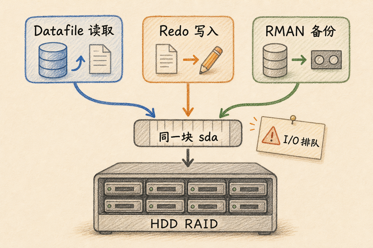 数据库文件、Redo 与 RMAN 备份共享同一存储路径的手绘示意图