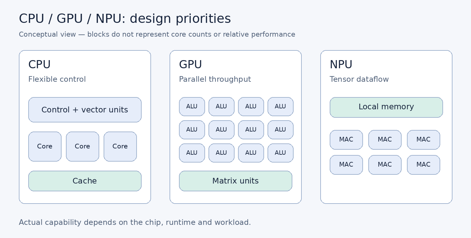 CPU、GPU 与 NPU 的设计侧重点对比
