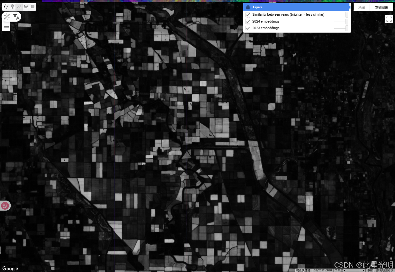两年内相似地块的查询结果：越亮表示越接近