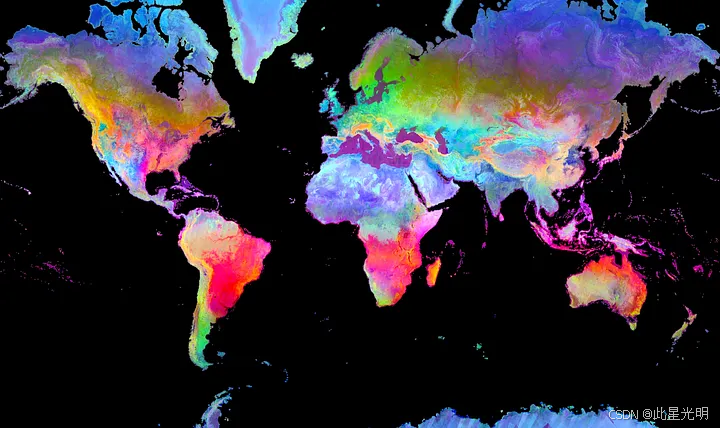 2024 年卫星嵌入数据集的三个轴在地球引擎中可视化为 RGB 图像