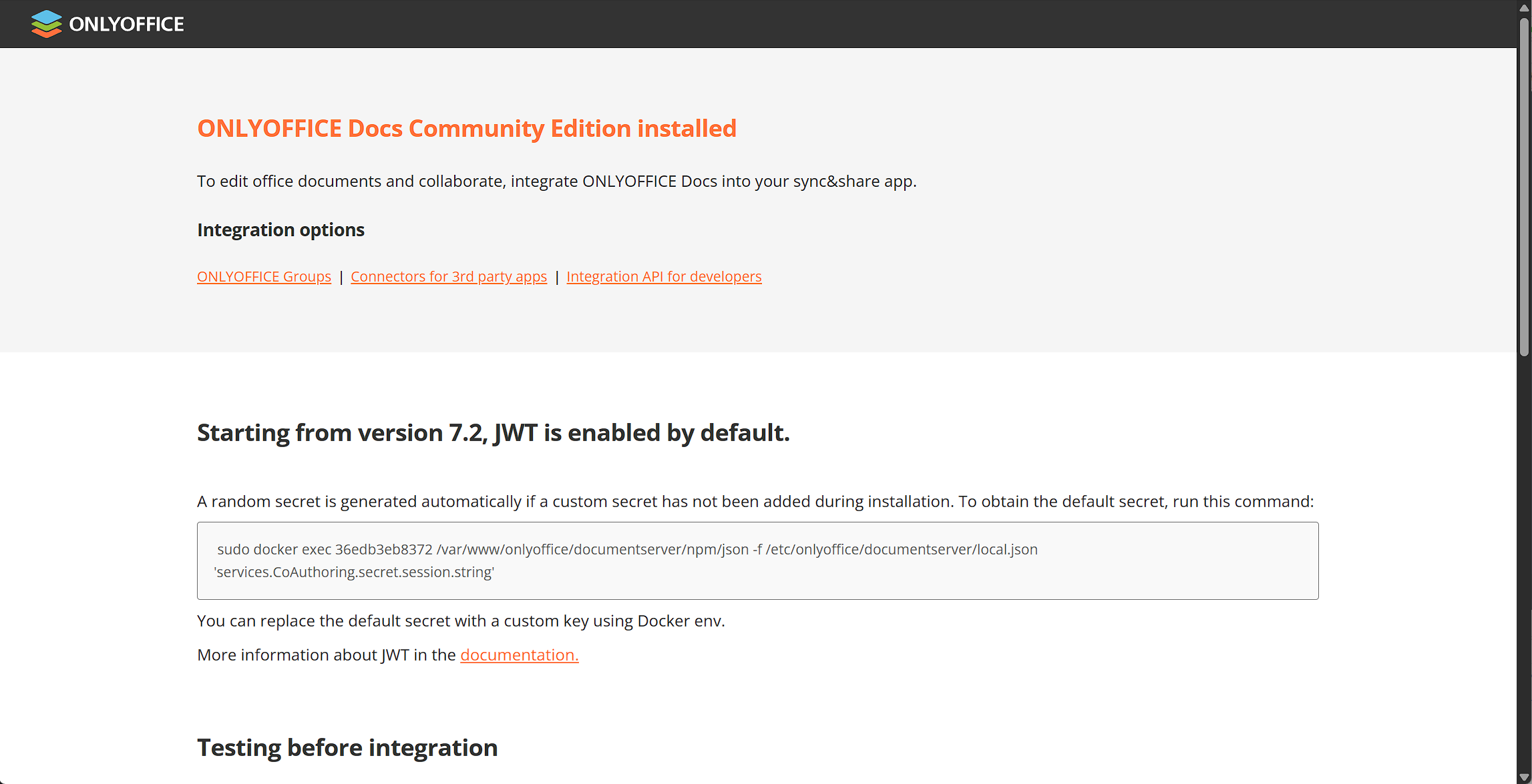 ONLYOFFICE 欢迎页:Community Edition 安装成功,含 JWT 说明