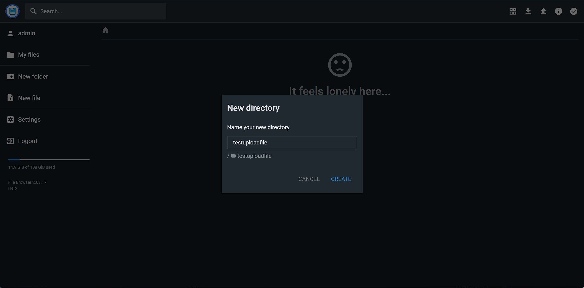File Browser 新建文件夹：输入 testuploadfile，路径预览为根目录下子文件夹