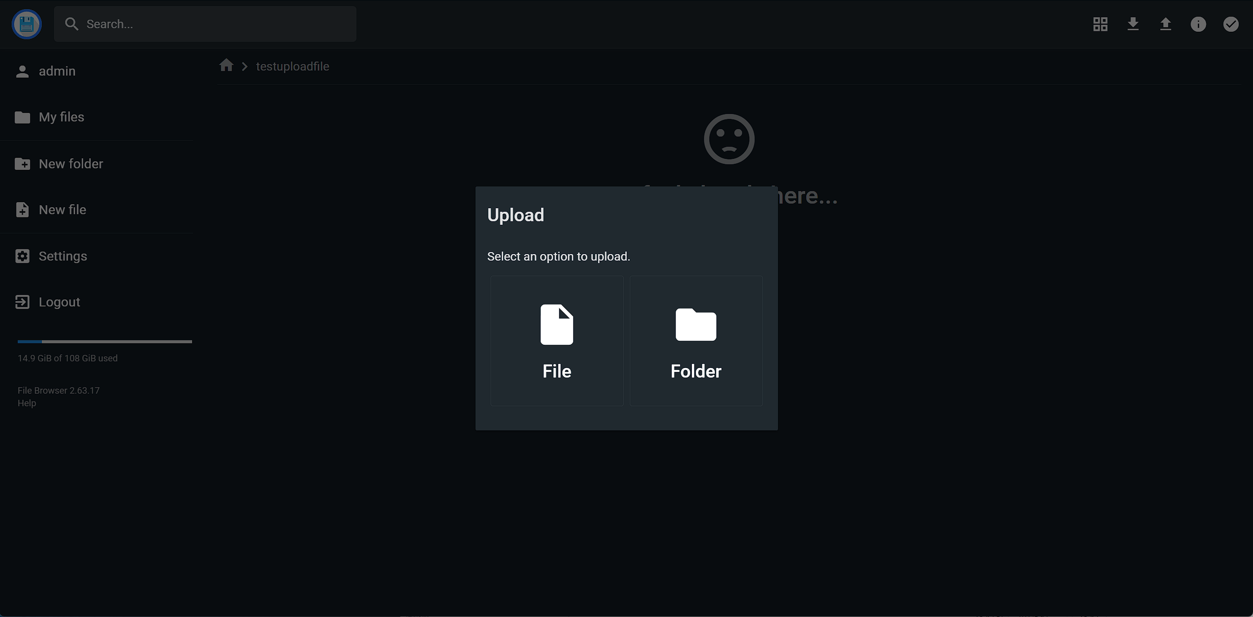 File Browser 上传弹窗：选择 File 上传单个文件或 Folder 上传整个目录