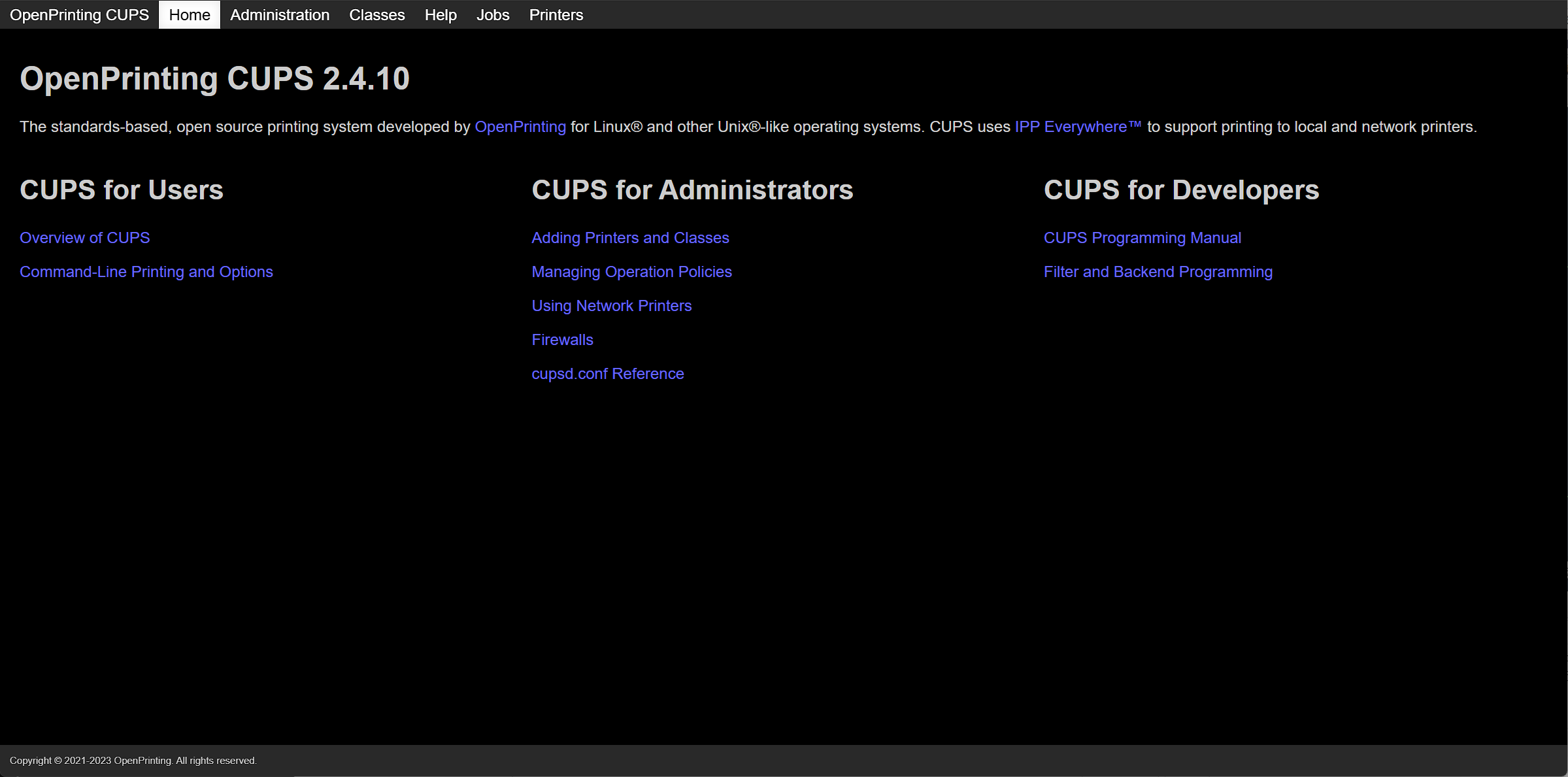 OpenPrinting CUPS 2.4.10 首页：导航含 Home / Administration / Printers