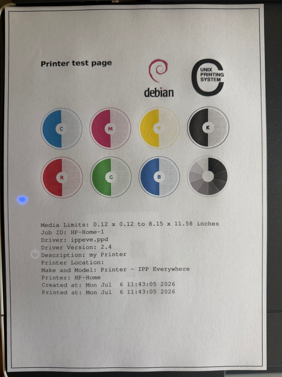 物理测试页：Printer test page，Job ID HP-Home-1，Driver ippeve.ppd