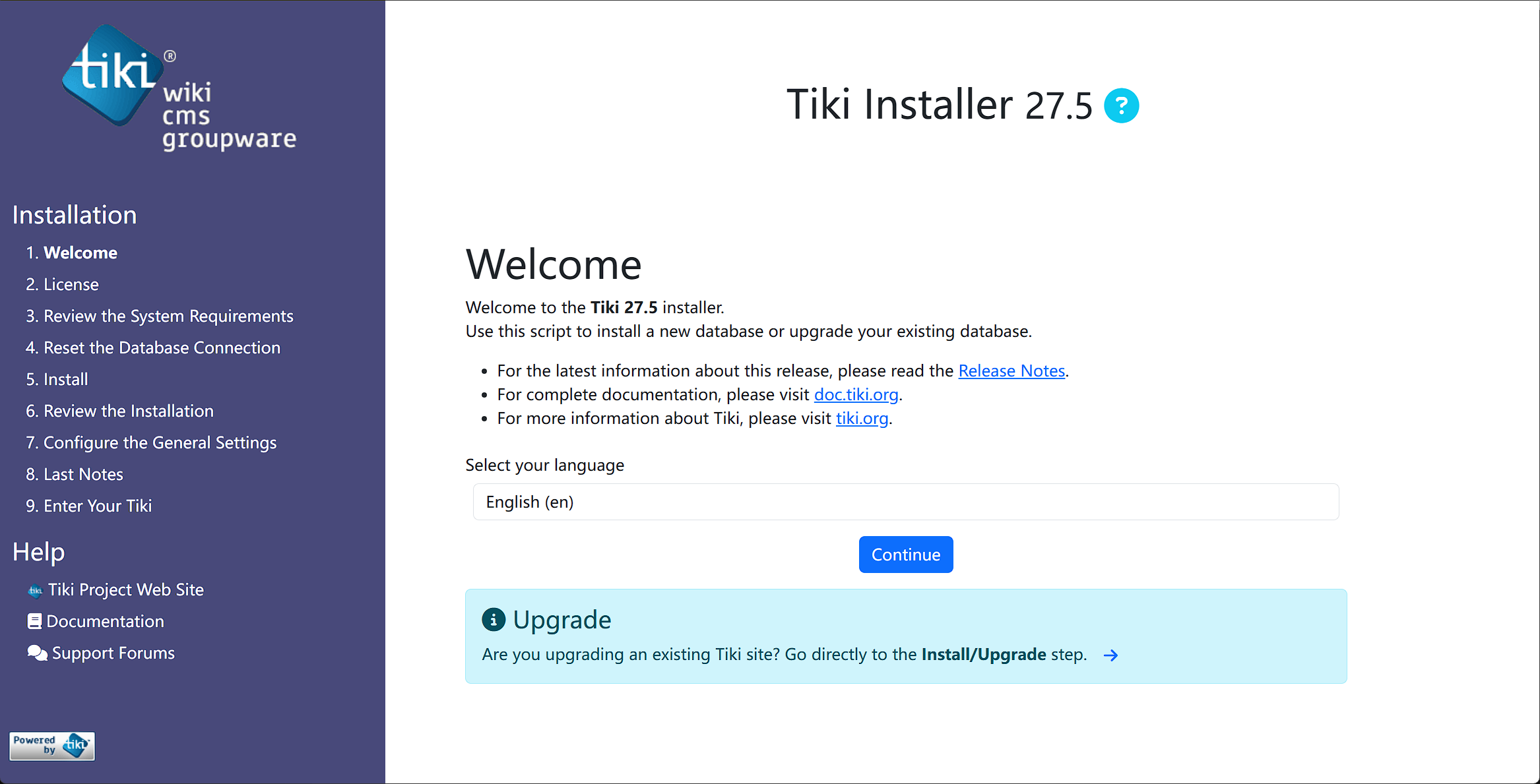 Tiki Installer 27.5 Welcome 页，默认语言 English