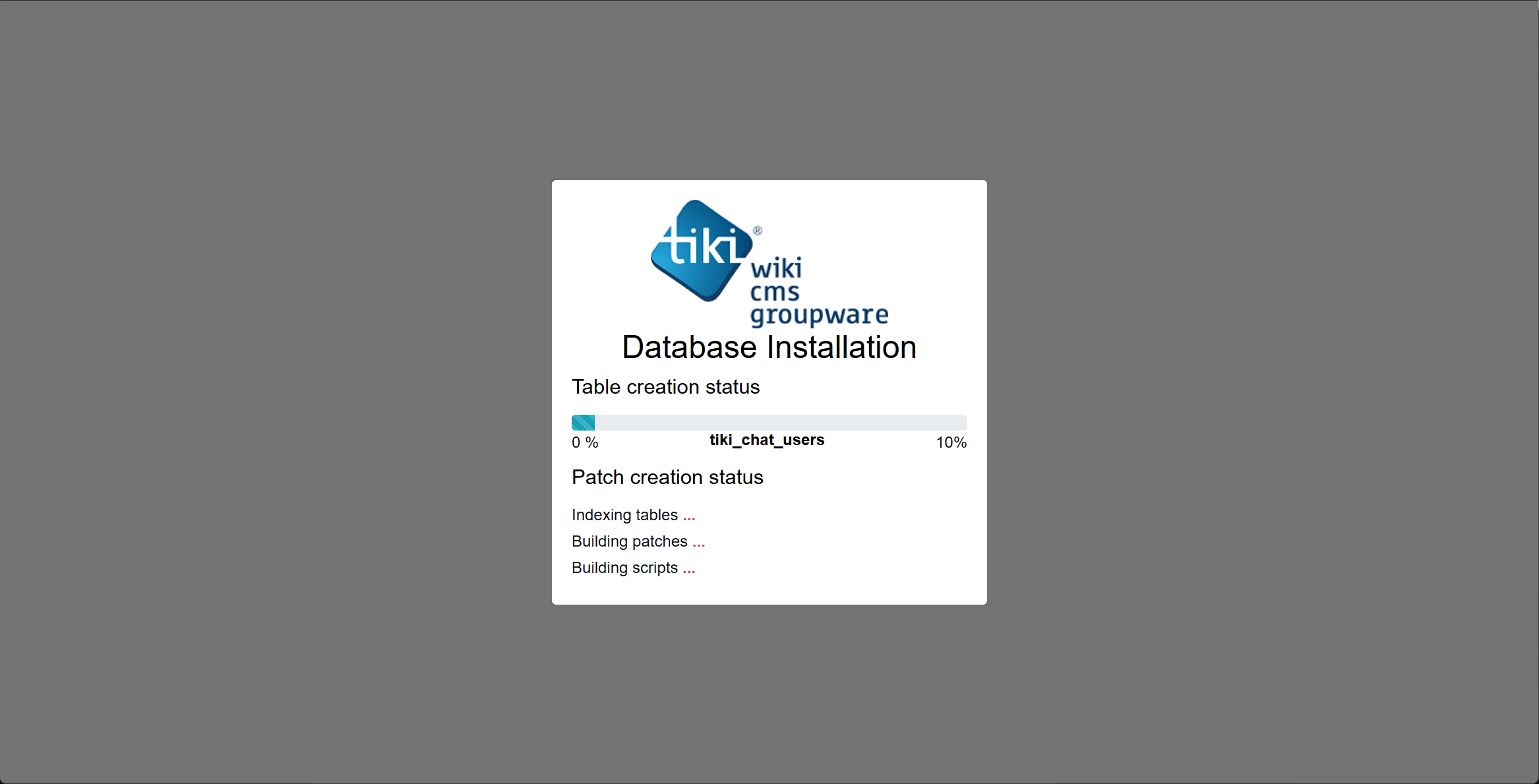Database Installation 进度：Table creation status 10%