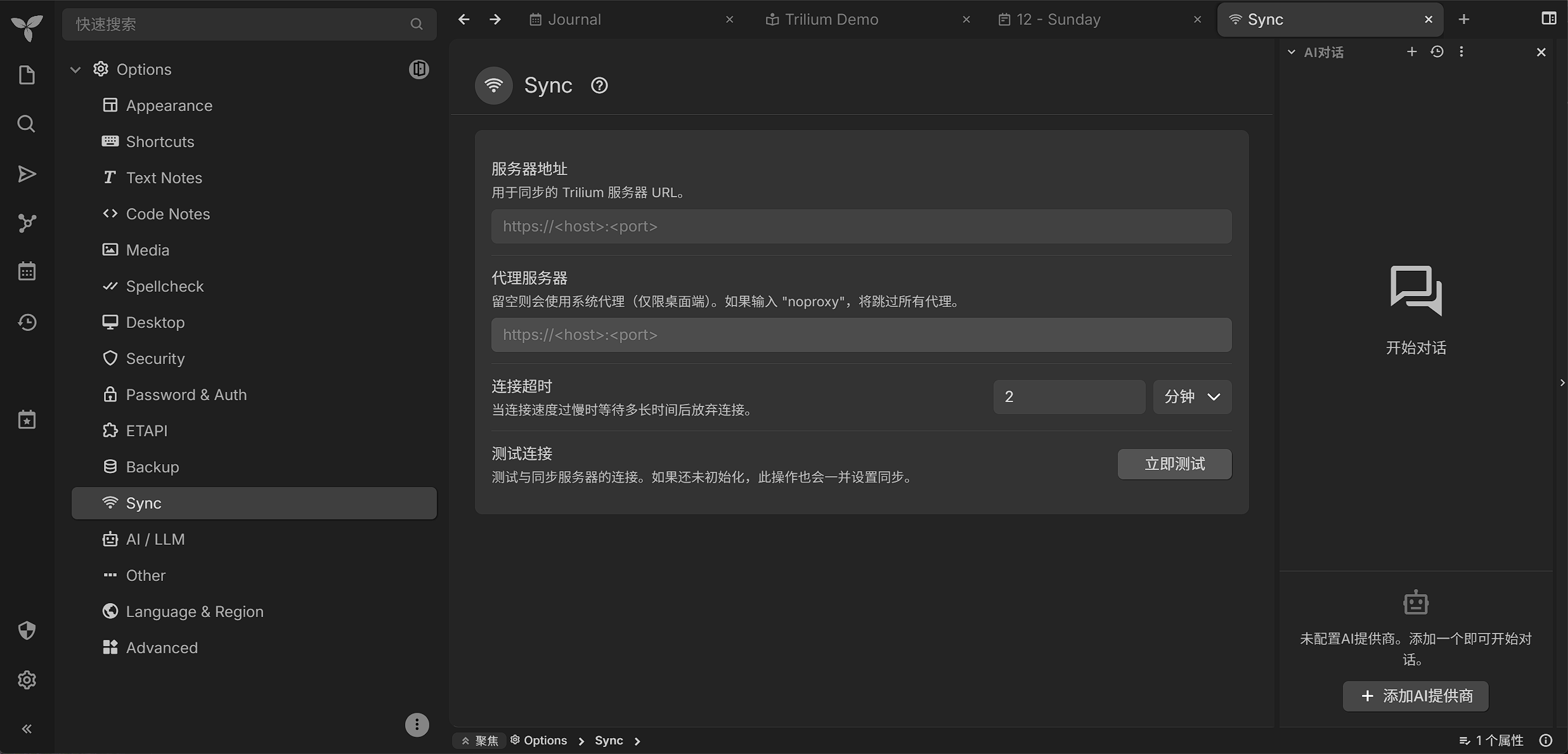 Trilium 选项：同步服务器地址配置