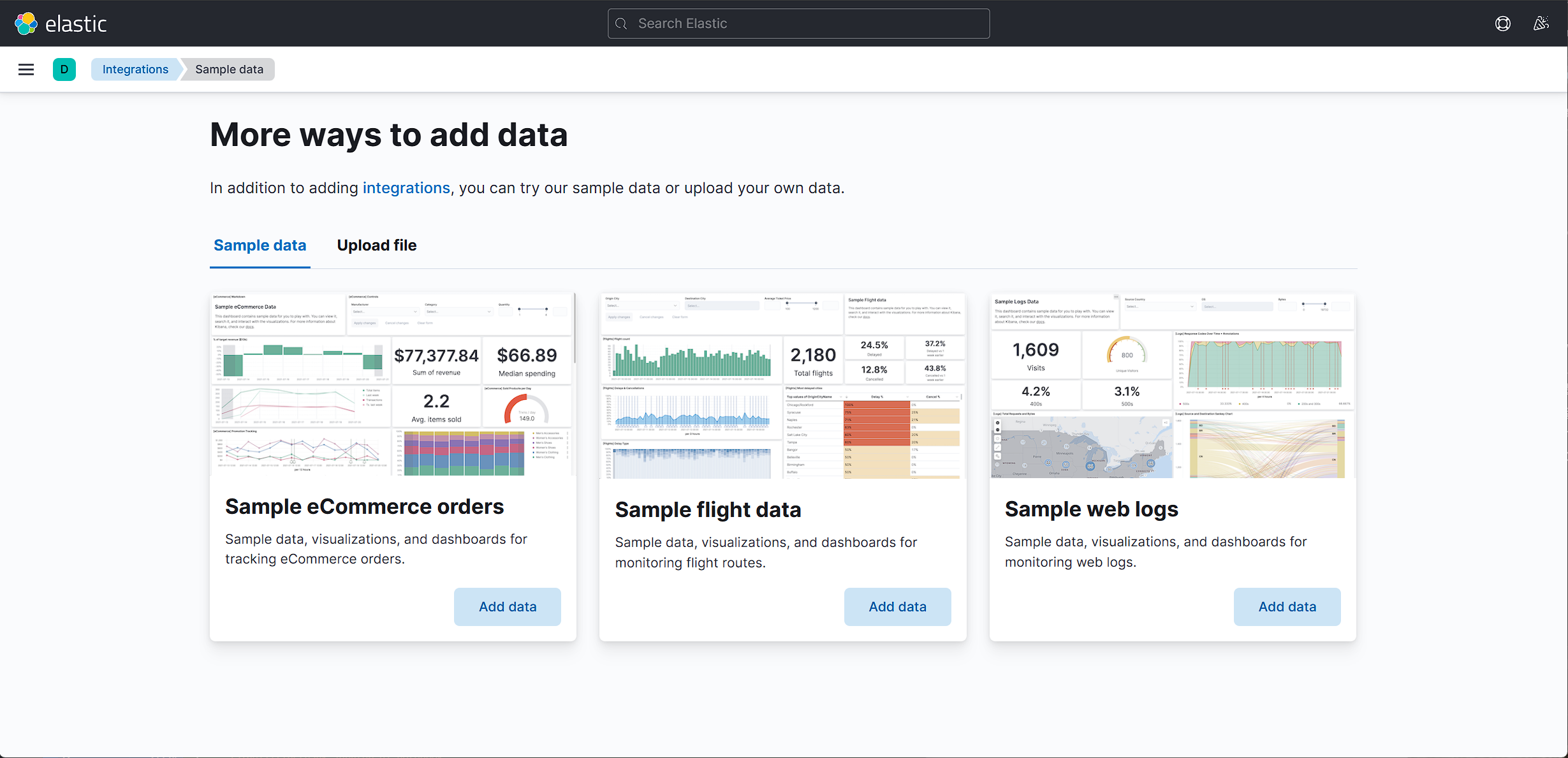Sample data：eCommerce / Flights / Web logs