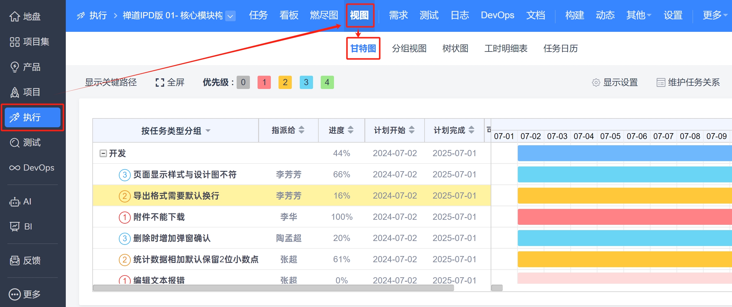 禅道项目管理甘特图