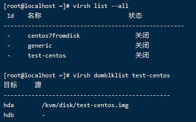 [root@localhost virsh 
ce ntos7fromdisk 
generic 
test- centos 
[root@localhost virsh 
/kvm/disk/test- centos . img 
hdb 
list - 
-all 
domblklist test-centos 