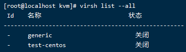 [root@localhost virsh list
generic
test- centos
-all